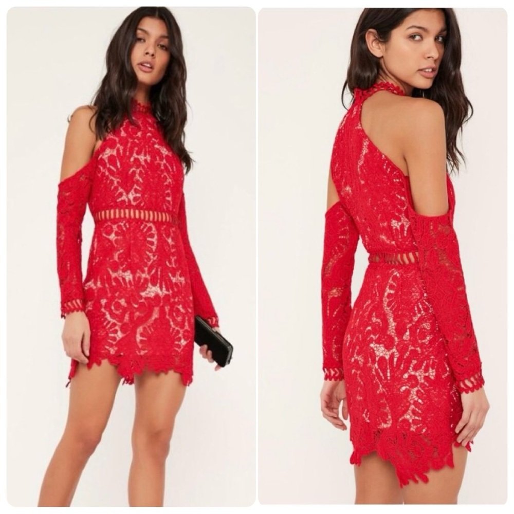 Missguided Red Lace Cold Shoulder dress